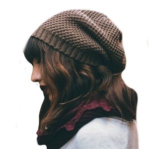 Mocha Waffle Knit Slouch Beanie - Super Cute!